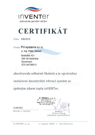 Inventer - Certifikát - inštalácia decentralizovaných ventilovacích systémov s rekuperáciou tepla
